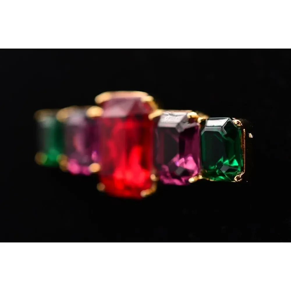 Vintage Crystal Bar Pin Brooch Baguette Rhinestone Multi-Color Gold 1980s BinAT
